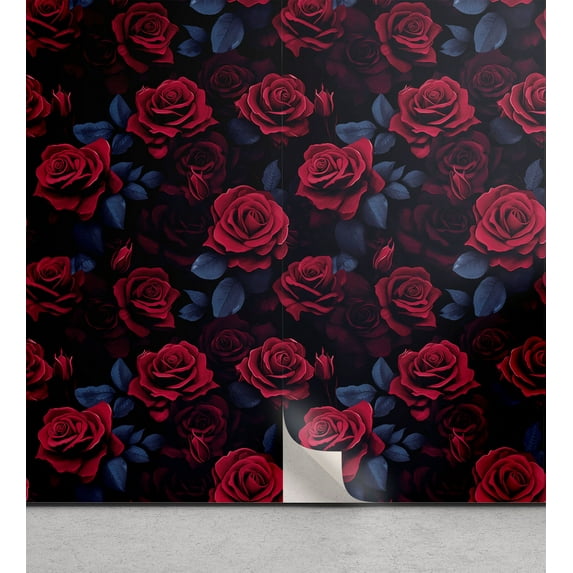 Ambesonne Dark Floral Peel & Stick Wallpaper for Home, Classic Crimson Roses, 13"x72", Maroon Dark Fuchsia
