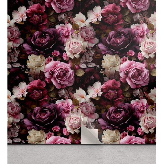 Ambesonne Dark Floral Peel & Stick Wallpaper for Home, Flowers Spring Poems, 13"x36", Plum Maroon and Pink