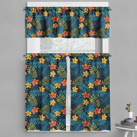 Ambesonne Dark Floral Valance & Curtain, Into the Tropical Night, 55"x45", Night Blue Orange and Apricot