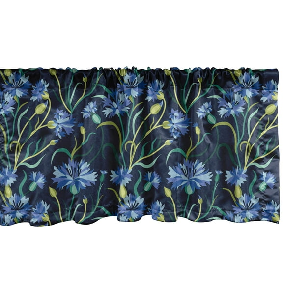 Ambesonne Dark Floral Window Valance, Blooming Cornflowers, 54" X 18", Night Blue and Apple Green