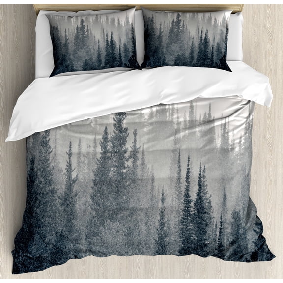 Ambesonne Dark Forest Duvet Cover Sets, Gloomy Scene Pine Trees, 2-Queen, Dark Slate Blue Dust