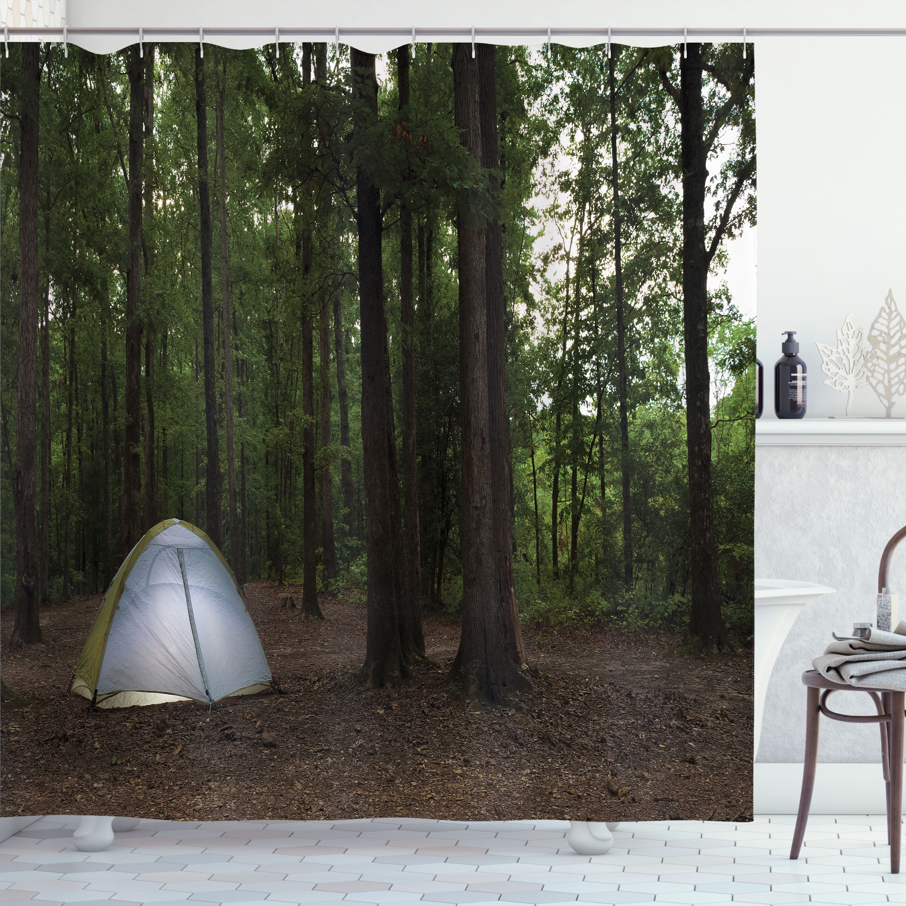 Ambesonne Dark Forest Shower Curtain, Tent Set in the Forest, 69"Wx84"L