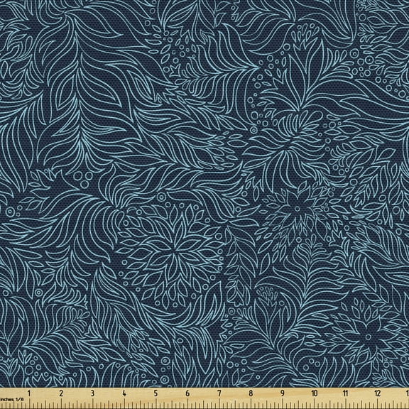 Ambesonne Dark Garden Fabric by the Yard Upholstery, Abstract Flourishes, 5 Yards, Dark Blue and Turquoise