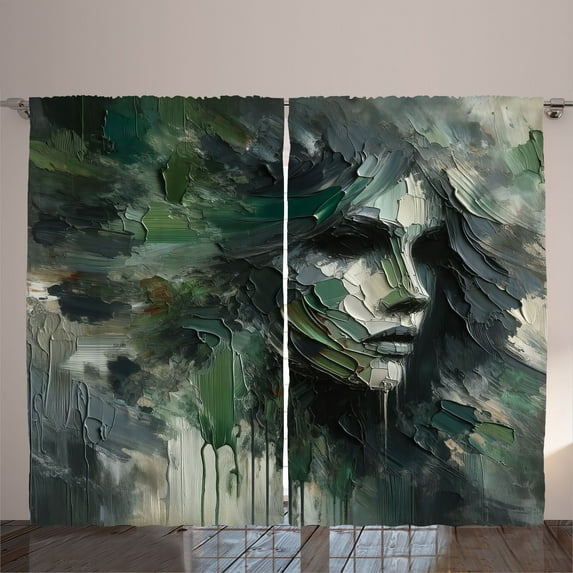 Ambesonne Dark Green Curtains 2 Panel Set, Abstract Painting Lady, 108" x 96", Dimgray Dark Eggshell