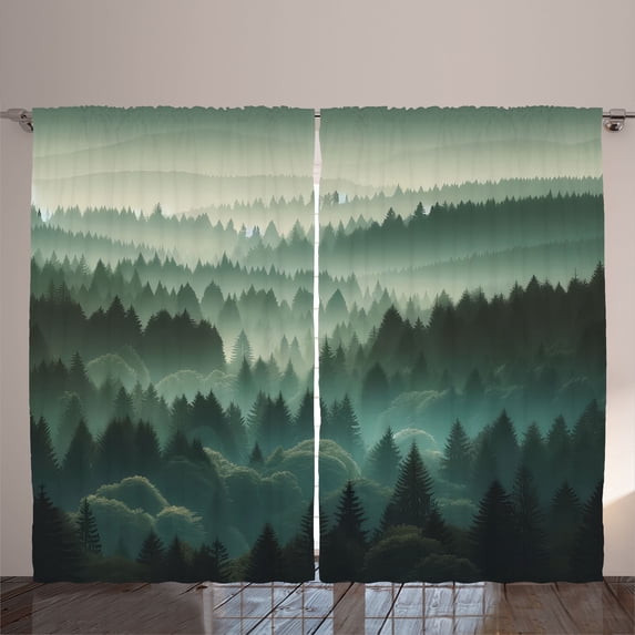 Ambesonne Dark Green Curtains 2 Panel Set, Foggy Forest Panorama, 108" x 90", Teal and Evergreen