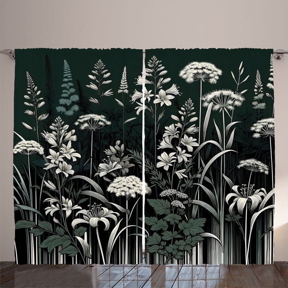 Ambesonne Dark Green Curtains 2 Panel Set, Vintage Botanical Art, 108" x 90", Dark Reseda Green