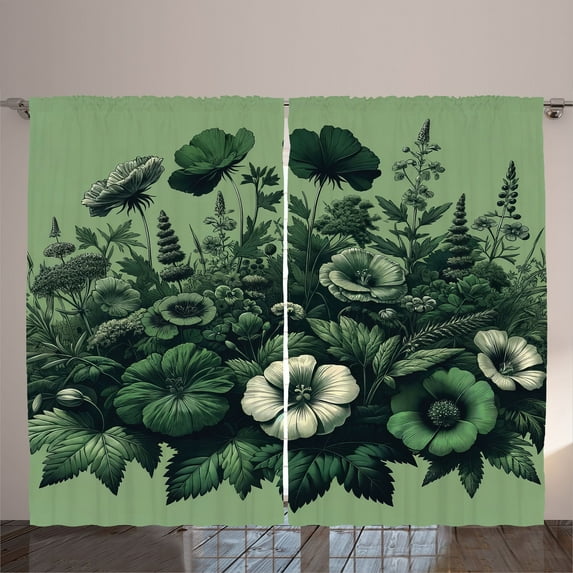 Ambesonne Dark Green Curtains 2 Panel Set, Wildflowers and Leaves, 108" x 96", Emerald