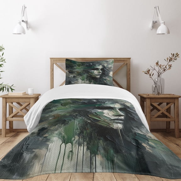 Ambesonne Dark Green Quilted Bedspread Set 2 Pcs, Abstract Painting Lady, Twin Size, Dimgray Dark Eggshell