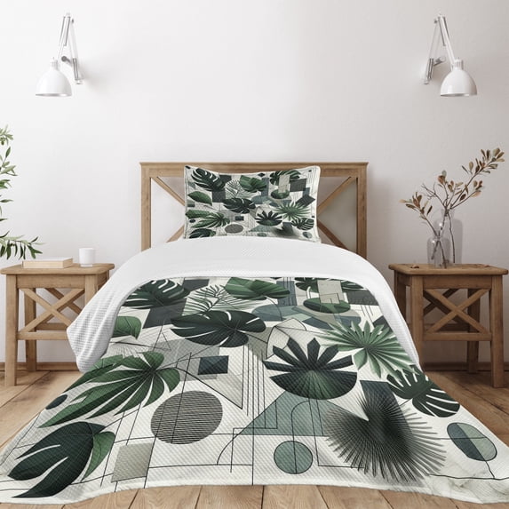 Ambesonne Dark Green Quilted Bedspread Set 2 Pcs, Cubic Tropical Leaves, Twin Size, Ivory Grey