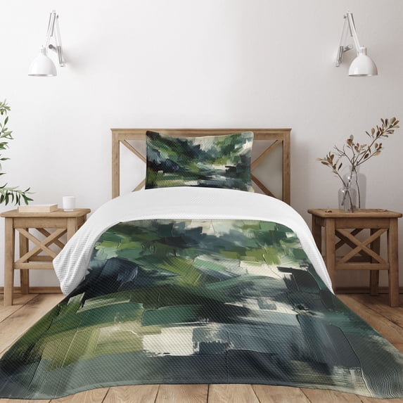 Ambesonne Dark Green Quilted Bedspread Set 2 Pcs, Deep Nature Abstract Art, Twin Size, Blue Grey and Eggshell
