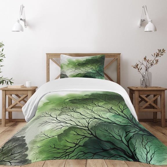 Ambesonne Dark Green Quilted Bedspread Set 2 Pcs, Delicate Forest Trees, Twin Size, Fern Green