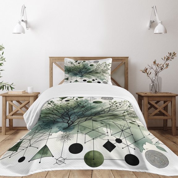 Ambesonne Dark Green Quilted Bedspread Set 2 Pcs, Geometric Branches Art, Twin Size, Pale Reseda Green