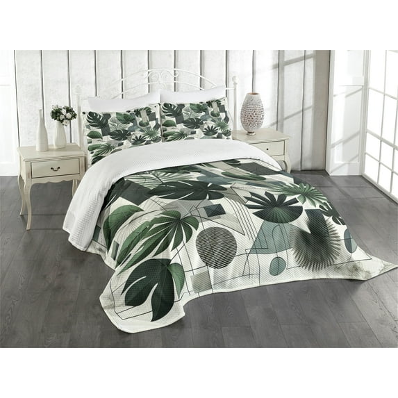 Ambesonne Dark Green Quilted Bedspread Set 3 Pcs, Cubic Tropical Leaves, Queen Size, Ivory Grey