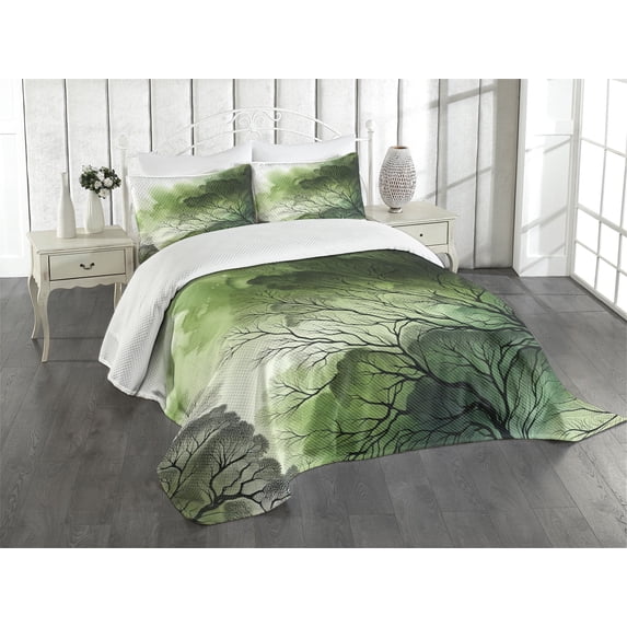 Ambesonne Dark Green Quilted Bedspread Set 3 Pcs, Delicate Forest Trees, Queen Size, Fern Green