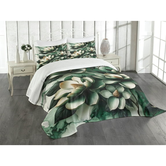 Ambesonne Dark Green Quilted Bedspread Set 3 Pcs, Magnolia Blooming Garden, King Size, Hunter Green and Off White