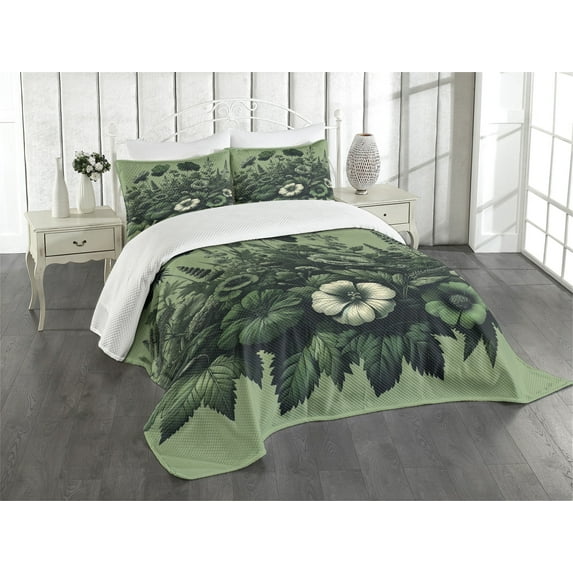 Ambesonne Dark Green Quilted Bedspread Set 3 Pcs, Wildflowers and Leaves, King Size, Emerald