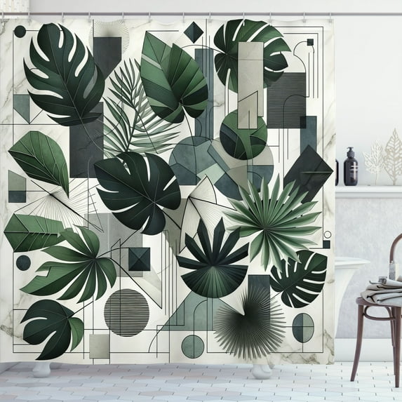 Ambesonne Dark Green Shower Curtain, Cubic Tropical Leaves, 69"Wx84"L, Ivory Grey
