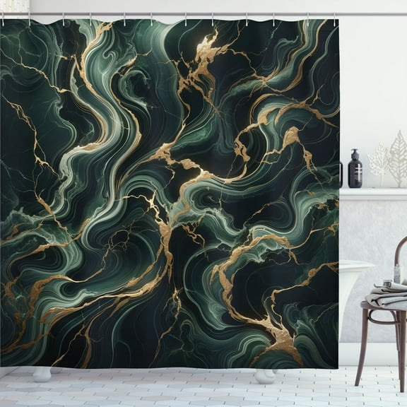 Ambesonne Dark Green Shower Curtain, Deep Forest Marble Print, 69"Wx70"L, Emerald Sand Brown
