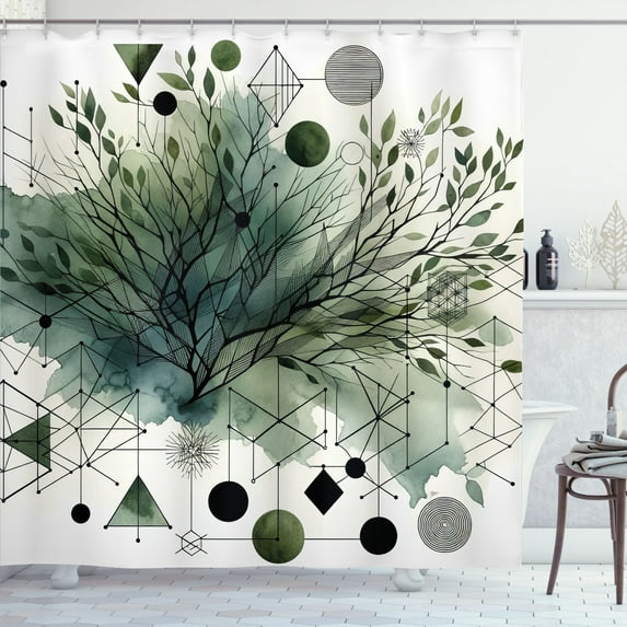 Ambesonne Dark Green Shower Curtain, Geometric Branches Art, 69"Wx84"L, Pale Reseda Green