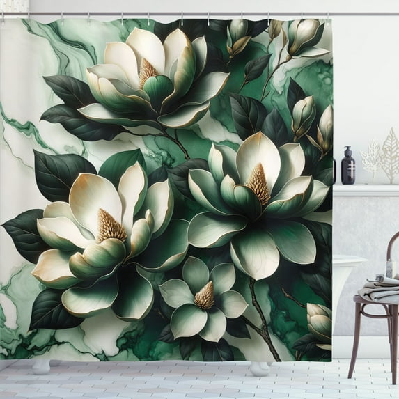 Ambesonne Dark Green Shower Curtain, Magnolia Blooming Garden, 69"Wx75"L, Hunter Green and Off White