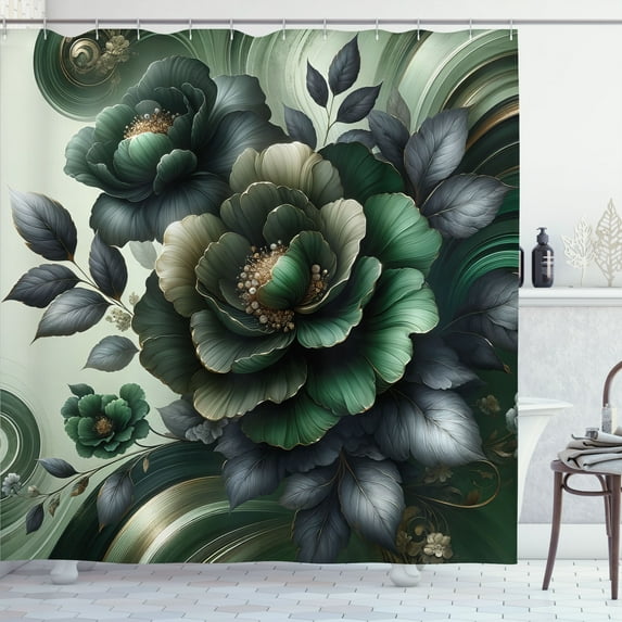 Ambesonne Dark Green Shower Curtain, Roses on Surreal Swirls, 69"Wx70"L, Dark Blue Grey Pale Brown