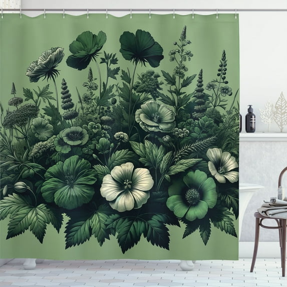 Ambesonne Dark Green Shower Curtain, Wildflowers and Leaves, 69"Wx70"L, Emerald
