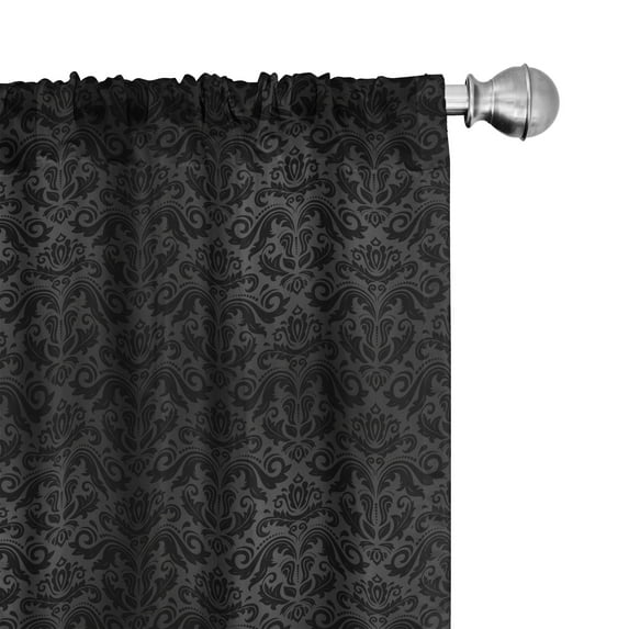 Ambesonne Dark Grey Window Curtains, Black Damask Floral, Each 28" W x 63" L, Black Grey