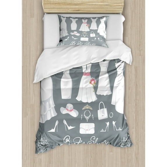 Ambesonne Dark Grey Duvet Cover Sets, Fashion Wedding Dress, 2-Twin, Charcoal Grey White