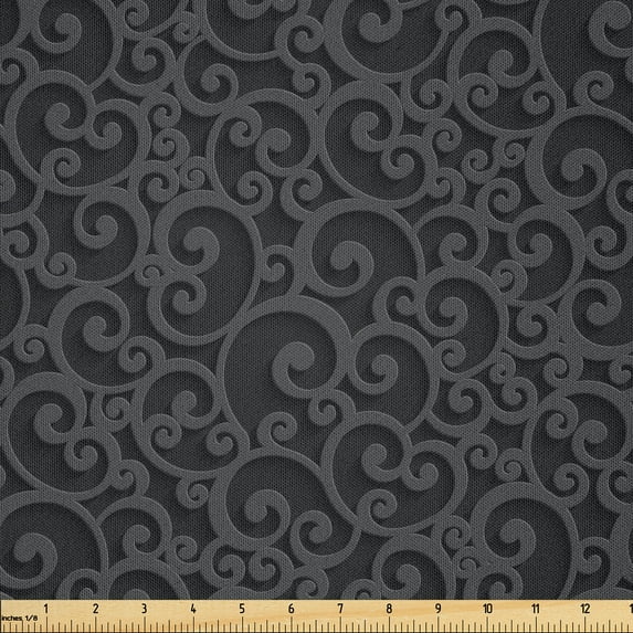 Ambesonne Dark Grey Fabric by the Yard Microfiber, Royal Floral Curls, 1 Yard, Dark Grey