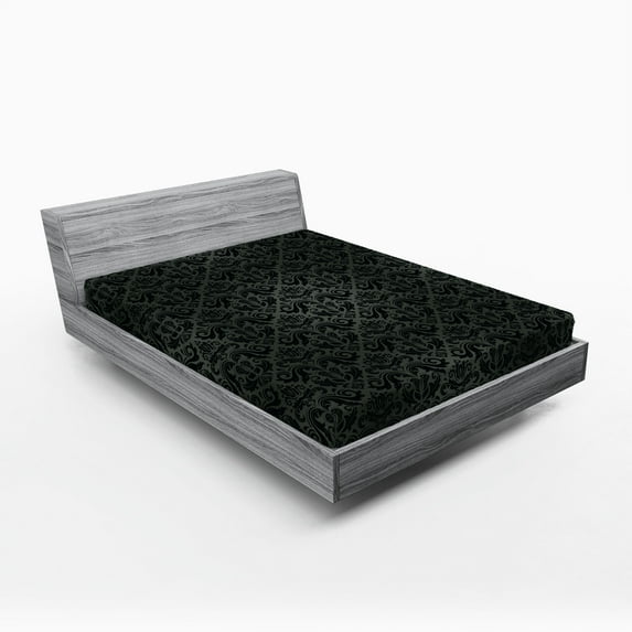 Ambesonne Dark Grey Fitted Sheet 2 Pcs Set, Black Damask Floral, King, Black Grey