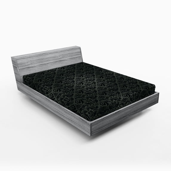 Ambesonne Dark Grey Fitted Sheet, Black Damask Floral, Full Size, Black Grey