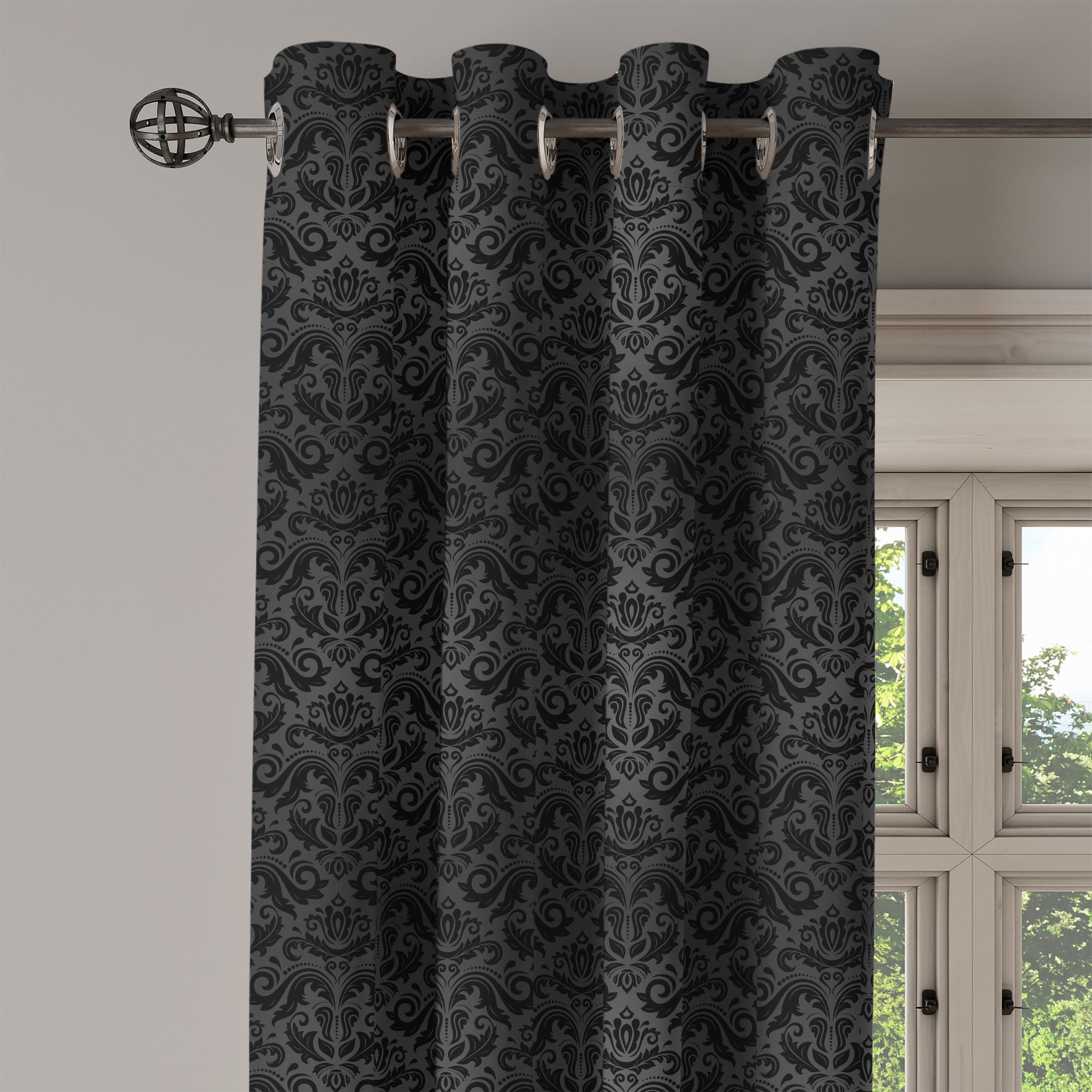 Ambesonne Dark Grey Grommet Curtain Single Panel, Black Damask Floral
