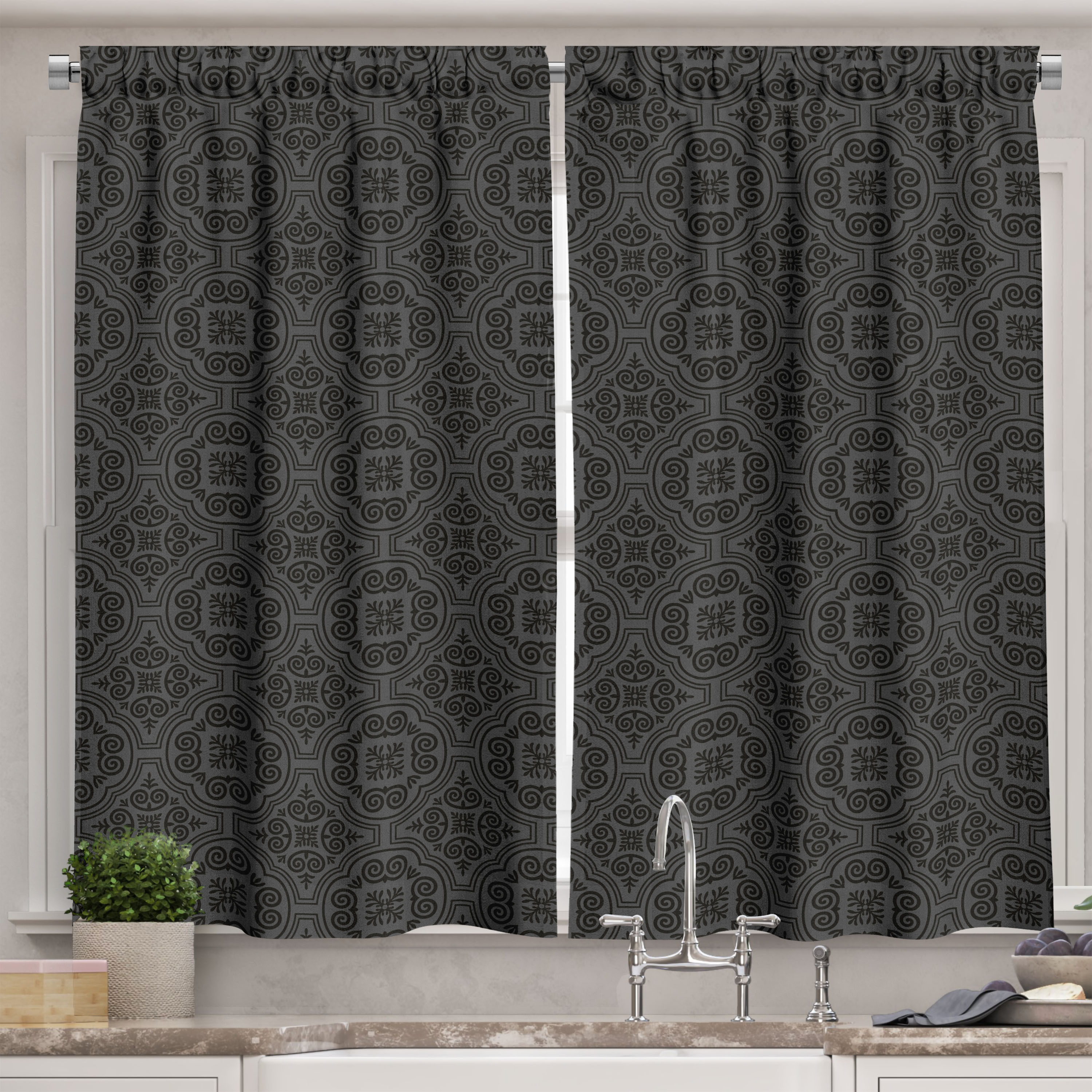Ambesonne Dark Grey Kitchen Curtains, Baroque, 55"x45", Black