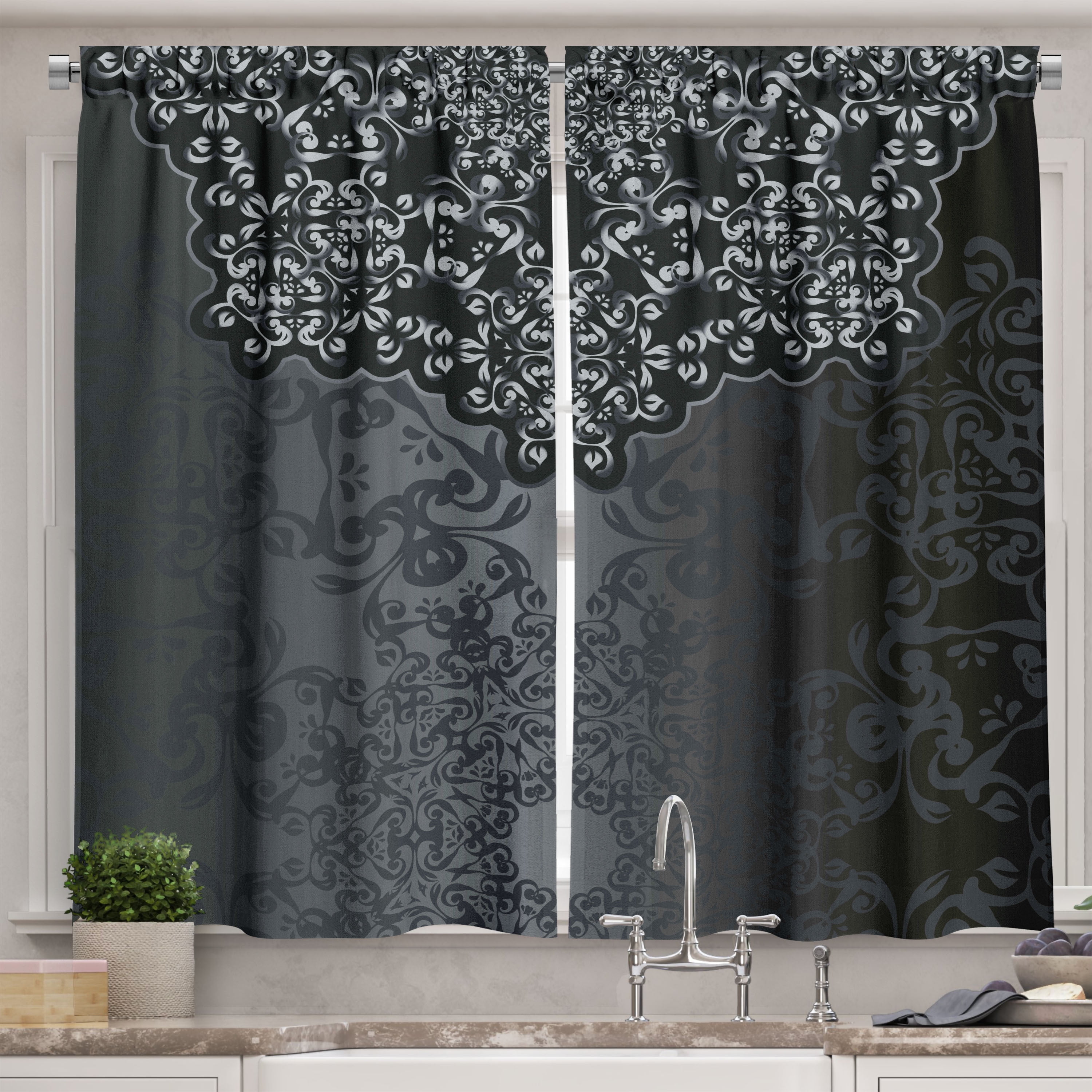 Ambesonne Dark Grey Kitchen Curtains, Vintage Damask, 55"x39", Dimgrey