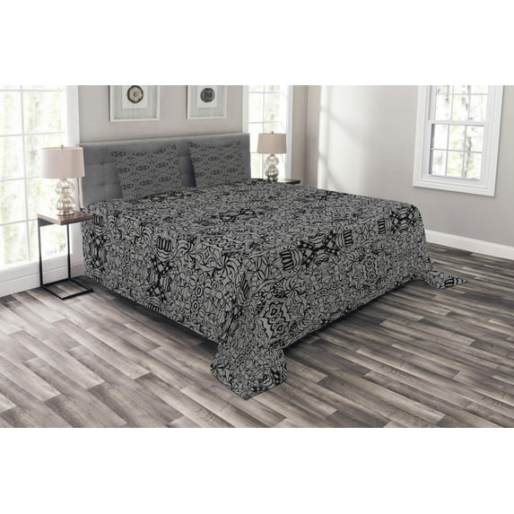 Ambesonne Dark Grey Quilted Bedspread Set 3 Pcs, Abstract Vintage, King Size, Pale Grey Black