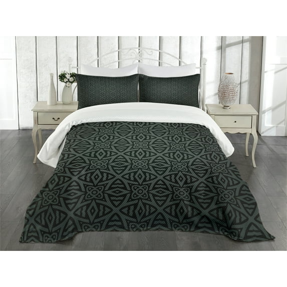 Ambesonne Dark Grey Quilted Bedspread Set 3 Pcs, Folk Celtic Floral, Queen Size, Black Grey