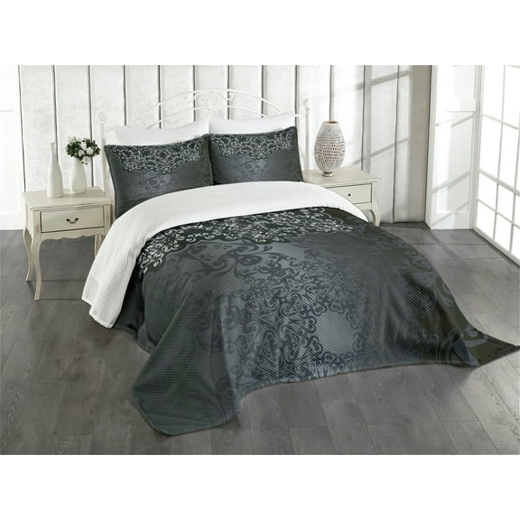 Ambesonne Dark Grey Quilted Bedspread Set 3 Pcs, Vintage Damask, King Size, Dimgrey Black Brown