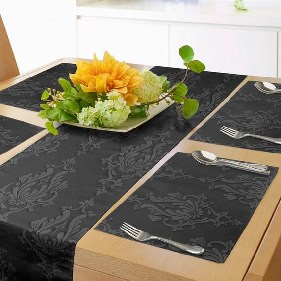 Ambesonne Dark Grey Table Runner & Placemats, Antique Damask 3D, Placemat 4 pcs + Runner 16"x72", Charcoal Grey Dimgrey