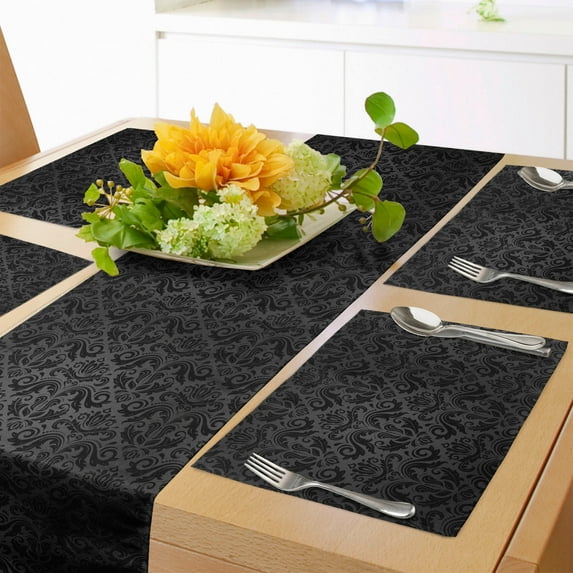 Ambesonne Dark Grey Table Runner & Placemats, Black Damask Floral, Placemat 4 pcs + Runner 14"x72", Black Grey