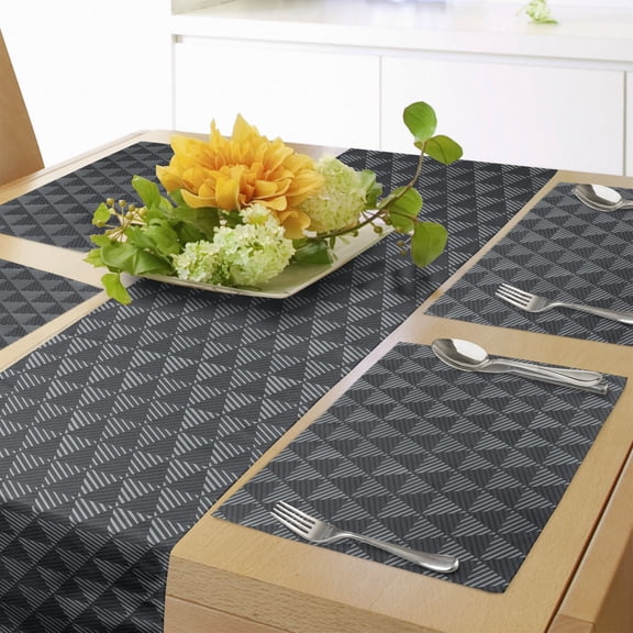 Ambesonne Dark Grey Table Runner & Placemats, Diagonal Stripe Triangles, Placemat 4 pcs + Runner 16"x72", Grey and Charcoal Grey