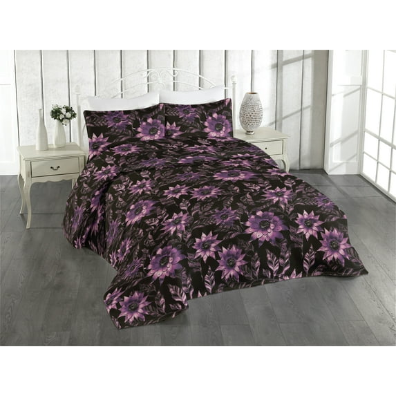 Ambesonne Dark Jungle Quilted Bedspread Set 3 Pcs, Botany Flowers Leaves, Twin, Pale Fuchsia Dark Fuchsia