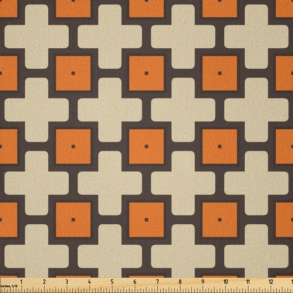 Ambesonne Dark Orange Fabric by the Yard Microfiber, Abstract Square Grid, 1 Yard, Beige Dark Taupe
