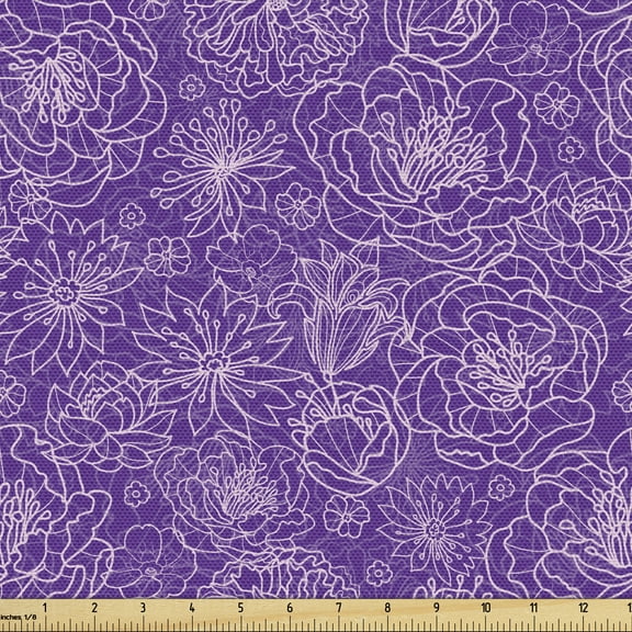Ambesonne Dark Purple Fabric by the Yard Upholstery, Floral Garden Art Retro, 1 Yard, Lilac Violet
