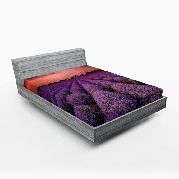 Ambesonne Dark Purple Fitted Sheet, Lavender Field Sunset, Full Size, Coral and Purple