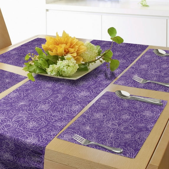 Ambesonne Dark Purple Table Runner & Placemats, Floral Garden Art Retro, Placemat 4 pcs + Runner 12"x72", Lilac Violet