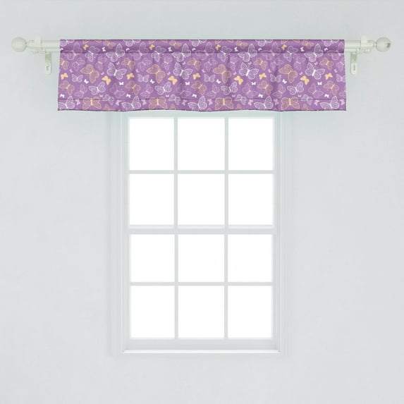 Ambesonne Dark Purple Window Valance, Butterflies in Various Motifs and Ornaments Background, Curtain Valance for Kitchen Bedroom Decor with Rod Pocket, 54" X 12", Pale Peach and Mauve