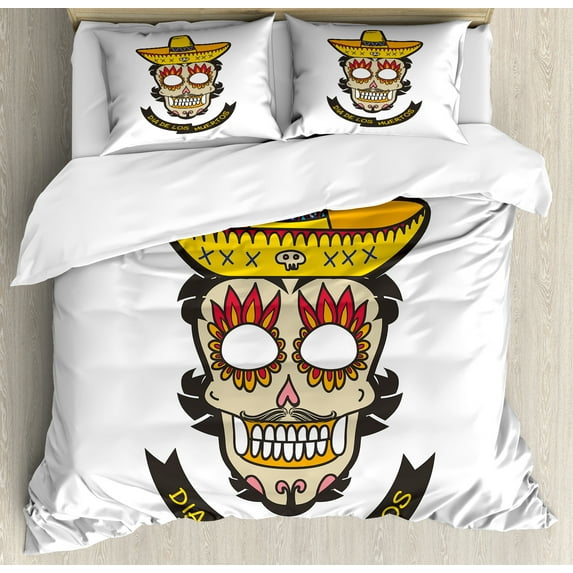 Ambesonne Day of Dead Duvet Cover Set, Skull with Sombrero, 2-Calking, Yellow White Ivory