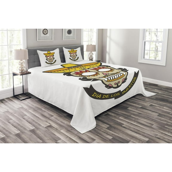 Ambesonne Day of Dead Quilted Bedspread Set 3 Pcs, Skull with Sombrero, Queen Size, Yellow White Ivory