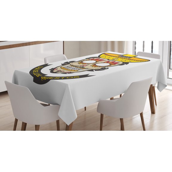 Ambesonne Day of Dead Tablecloth Rectangular Table Cover, Skull with Sombrero, 52"x70", Yellow White Ivory