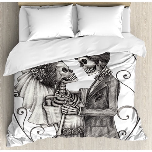 Ambesonne Day of the Dead Decor Love Skull Skeleton Marriage Duvet Cover Set